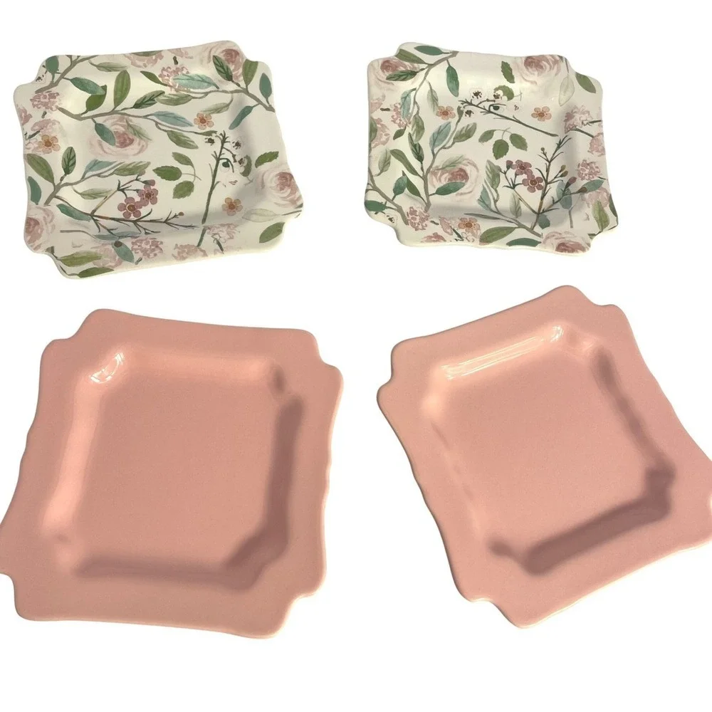 Sweet Laurel Dessert Plates 4 Square Scalloped Pink‎ & Floral Ceramic 6.5